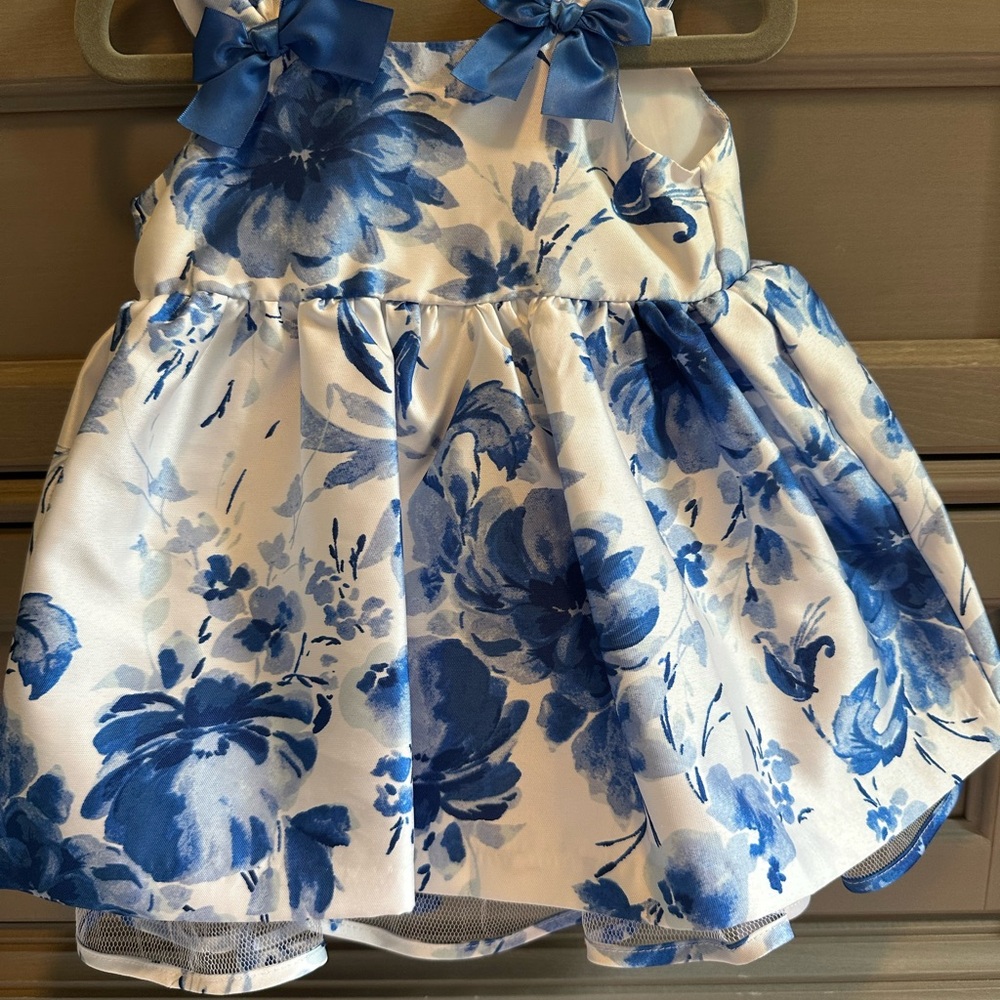 Blue Floral Toddler Girls Dress with Bow Accents
